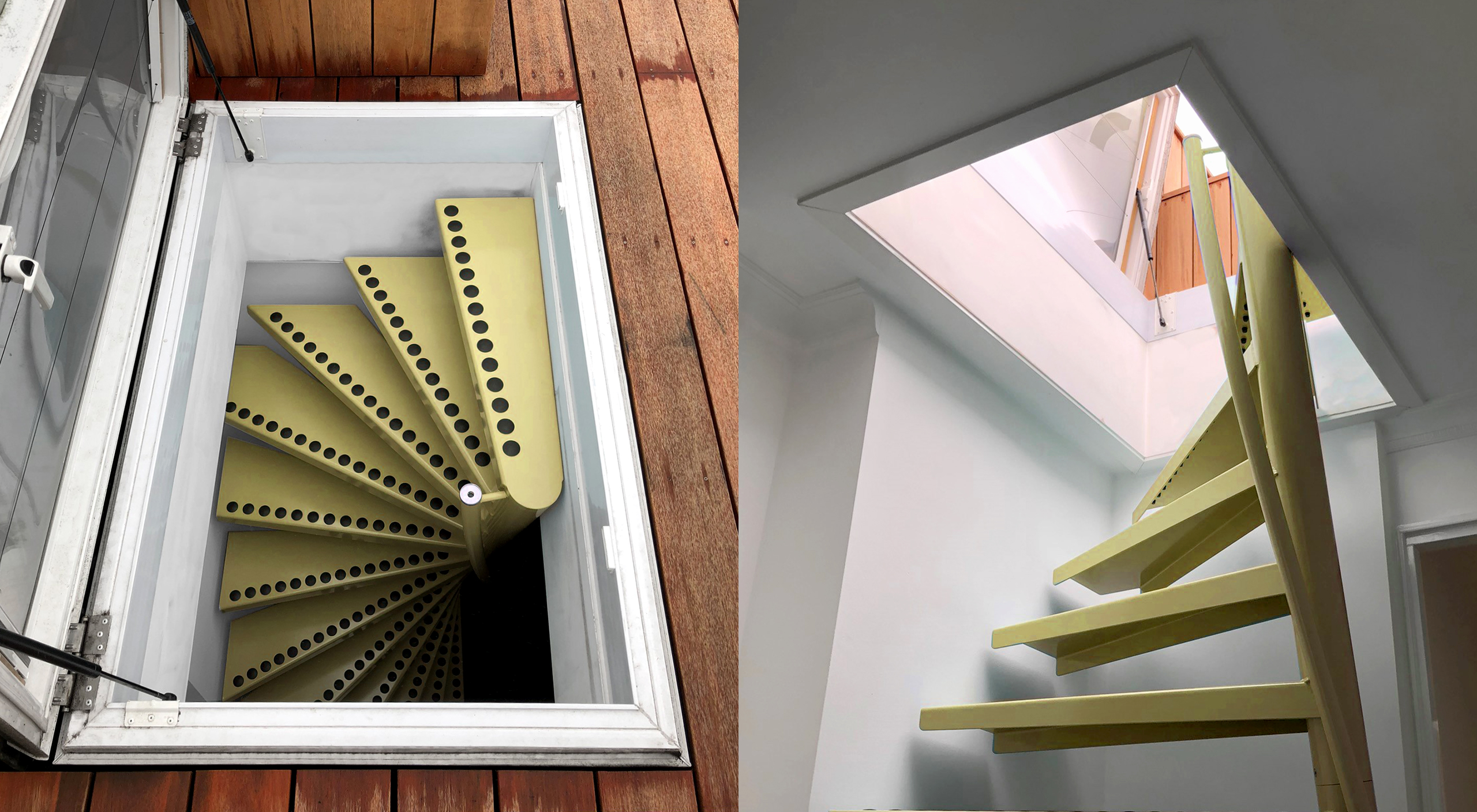 Dakterras trap compact vaste spiltrap ruimtebesparend met dakluik Roof terrace stairs design